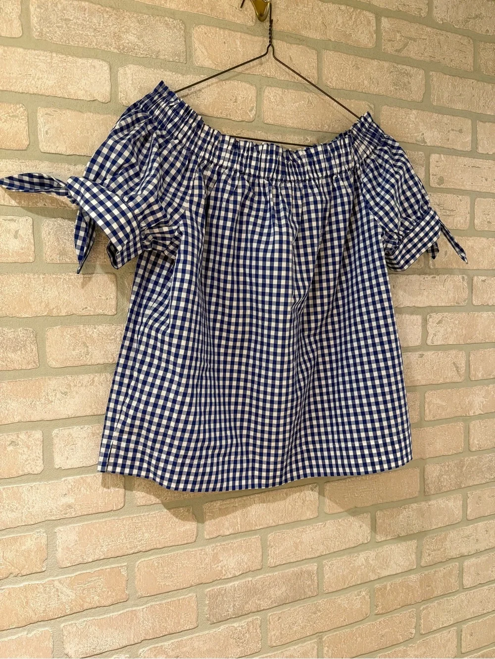 J. Crew Blue Gingham 100% Cotton Off-Shoulder Tie-Sleeve Crop Top